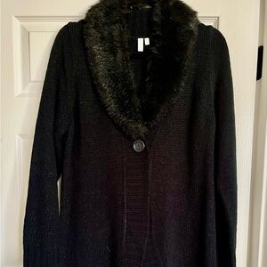 EUC black long cardigann sweater with removable collar.  Size large